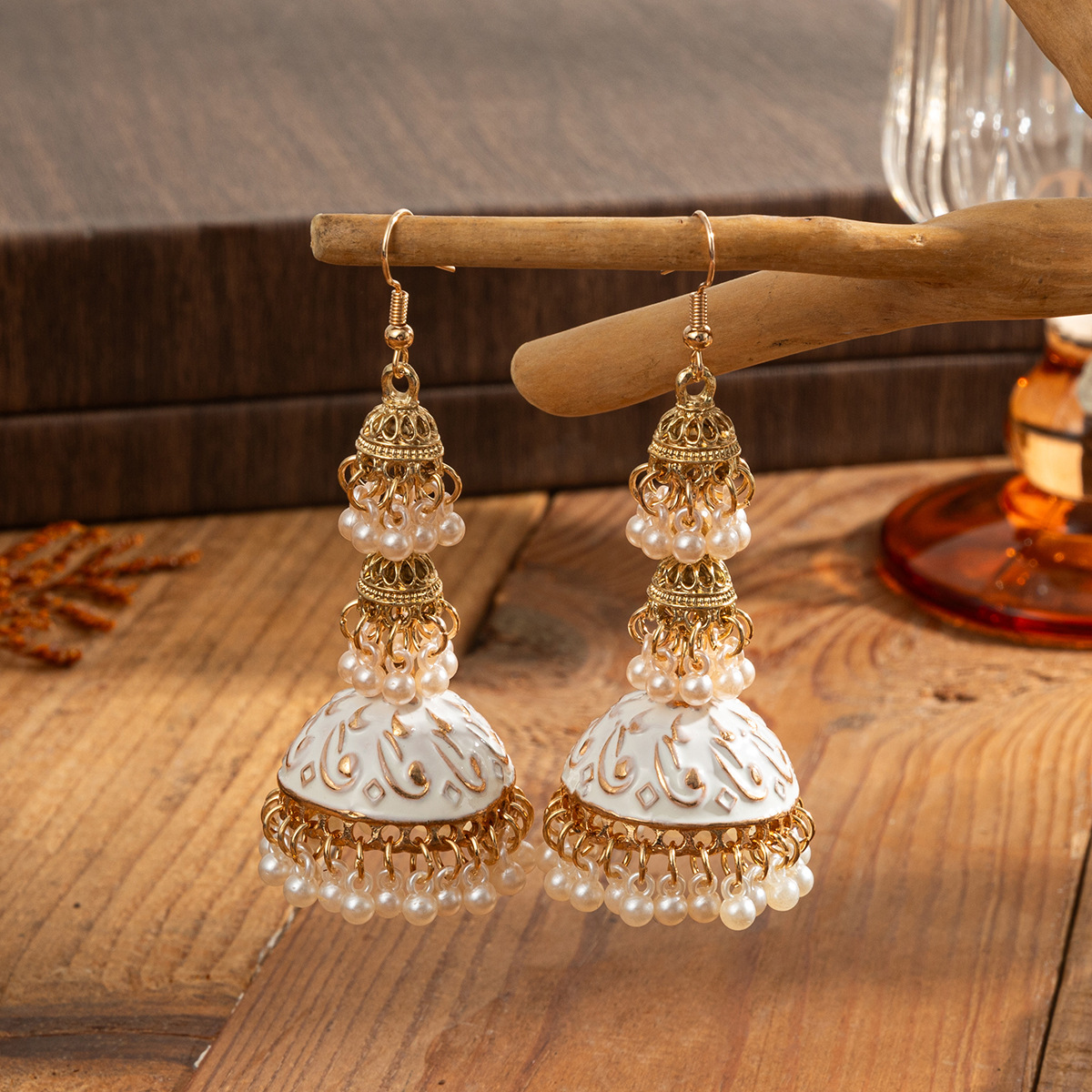 Indian Wedding Supply - Retro Etniczne Złote Kolczyki Jhumka Indyjskie